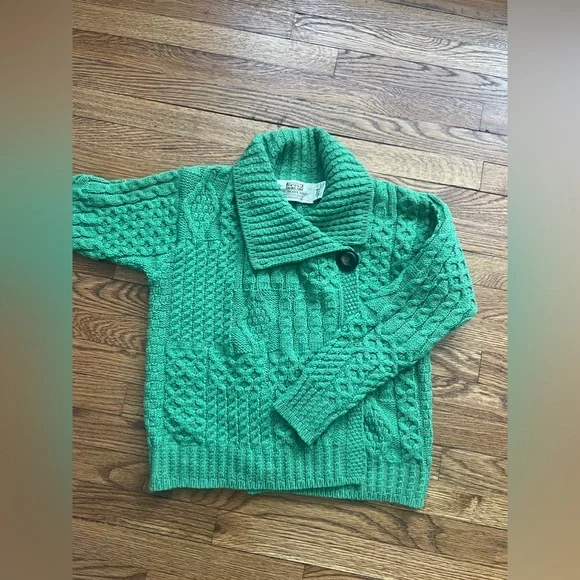 Green Aran Sweater Market Patchwork Cardigan with Collar - Picture 2 of 5